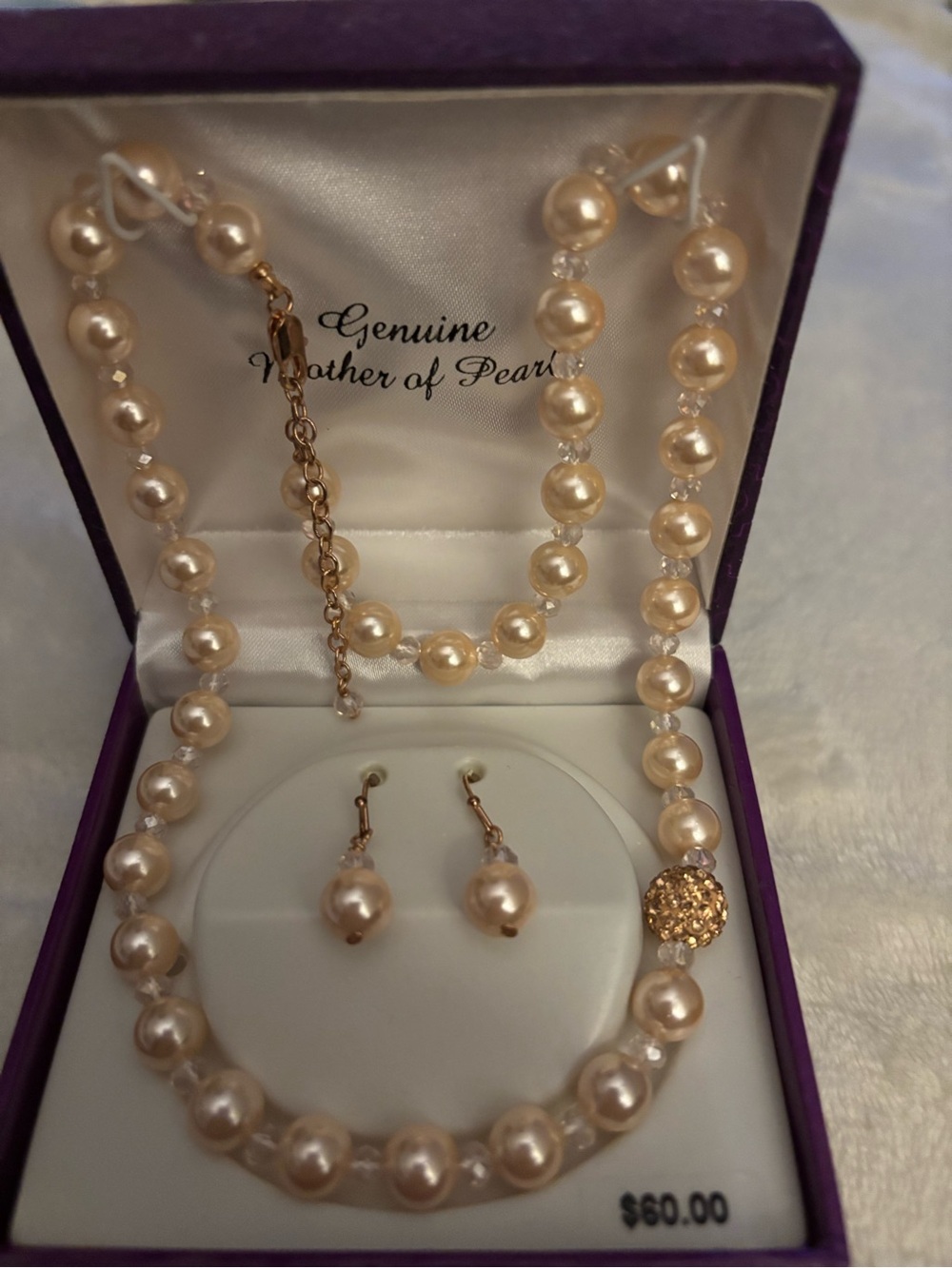 Genuine Mother of Pearl Champagne Pearl Necklace & Earring Set
